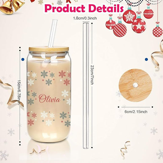 Mason Life Personalised Christmas Cup, 18oz Clear Glass Cups with Lids and Straws,Cute Cups for Women,Snowflake Design, Drinking Cup with Bamboo Lids, Christmas Gifts for Men, Women and Friends