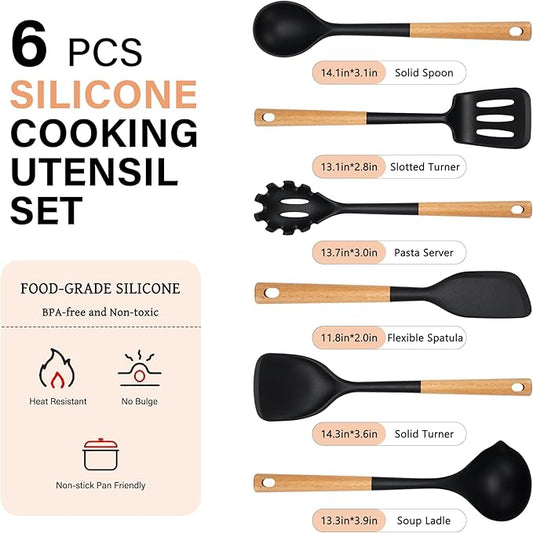 Silicone Cooking Utensils Set, Heat Resistance Large Kitchen Utensils Set with Long Wooden Handle, BPA-free Silicone Spatula, 6 Pcs Cooking Spoons for Non Stick Frying Pans and Pots(Black)