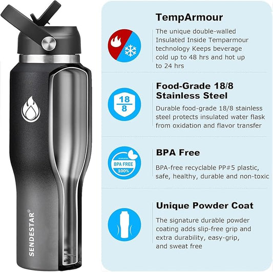 SENDESTAR 40oz Stainless Steel Water Bottle(Cold for 48 Hrs, Hot for 24 Hrs),Double Wall Vacuum Insulated Bottle with Straw Lid, Spout Lid and Flex Cap, Fit in Any Car Cup Holder,Grey-B