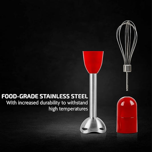 OVENTE Immersion Hand Blender, 300W Electric Handheld Portable Stick Mixer Set with 2 Mixing Speed, Stainless Steel Blades, Egg Whisk Attachment, Mixing Beaker and BPA-Free Food Chopper, Red HS565R