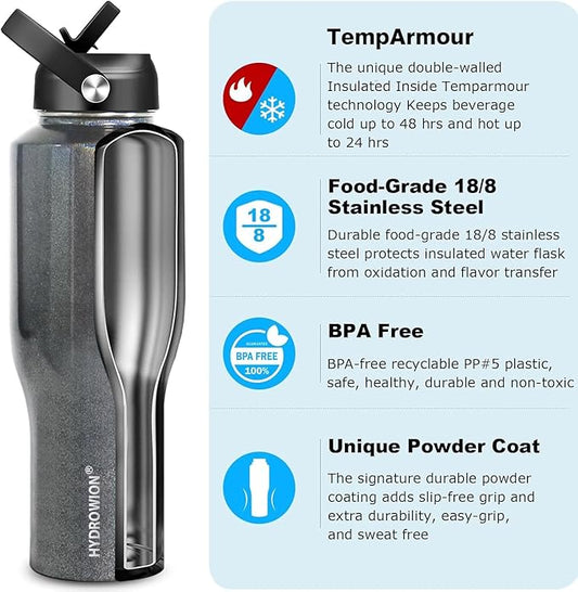 HYDROWION 40 oz Insulated Water Bottle with Straw fit in Car Cup Holder(Cold 48 hrs, Hot 24 hrs) Drinking Bottle with Straw Lid, Spout Lid and Flex Cap Leakproof Travel Thermo Mug,Laser Grey