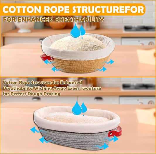 Handmade Cotton Rope Banneton Bread Proofing Basket Set,Oval & Round Bread Baskets - With Liner & Cloth Cover,for Home Sourdough Bakers Baking