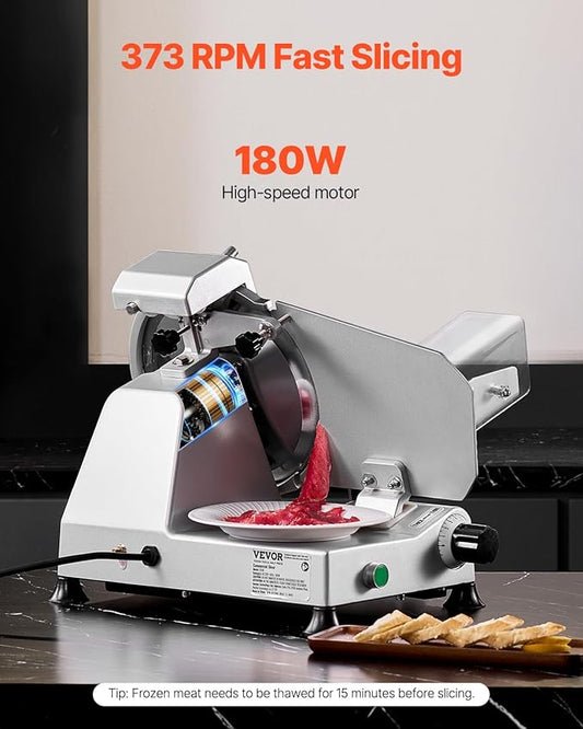 VEVOR Commercial Meat Slicer, 10 inch Electric Deli Food Slicer, 180W Meat Cutter with a Premium 65Mn Blade, 0-0.4 inch Adjustable Thickness, Food Slicer Machine for Meat Vegetables Hard Bread Cheese
