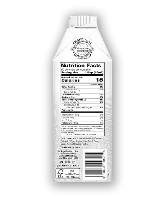 Elmhurst 1925 Cinnamon Churro Cashew Creamer - Dairy-Free, Vegan, Kosher, Low Sugar, Shelf Stable Creamer Made with Cashew & Oat Milk for Healthier Coffee, Latte and Smoothies - 25.4 Ounce (Pack of 6)