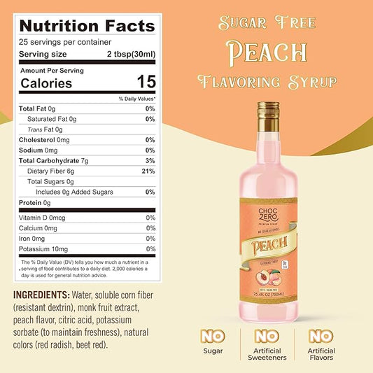 ChocZero Peach Syrup – Sugar Free Flavoring Syrup for Coffee, Tea & Cocktails – Keto Friendly, Low Carb, No Sugar Alcohols, Vegan & Gluten Free – 25.4 Fluid Ounces