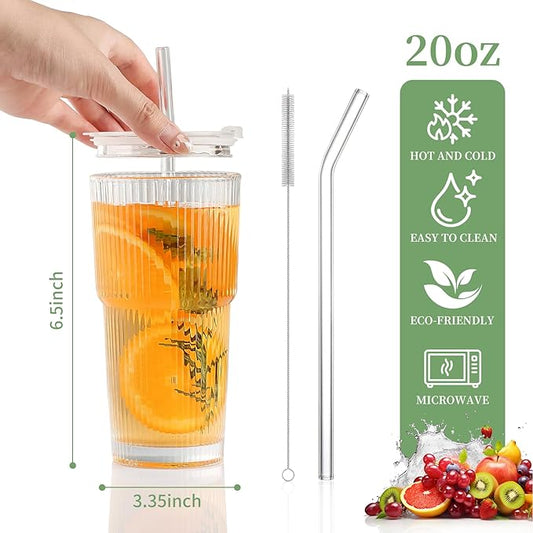 Glass Cups with Lids and Straws - 20oz Glass Tumbler with Straw and Lid, Premium Coffee Cups for Tea, Iced Coffee, Smoothie,Ideal Gift for Home, Office, 4pack