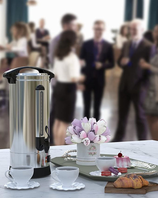 Commercial Coffee Maker Coffee Urn -16L Large Percolator Pot Dispenser with Double-Wall Stainless Steel, Quick Brew, Stays Hot - Also for Water, Tea, Beverage at Events & Catering - 130 Cup
