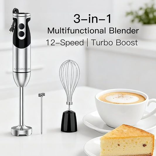 MegaWise Blender Handheld 12-Speed Stainless Steel Electric Hand Blender, 3 in 1 Immersion Handheld Blender,with Sturdy Titanium Plated Stainless Steel Blades(black)