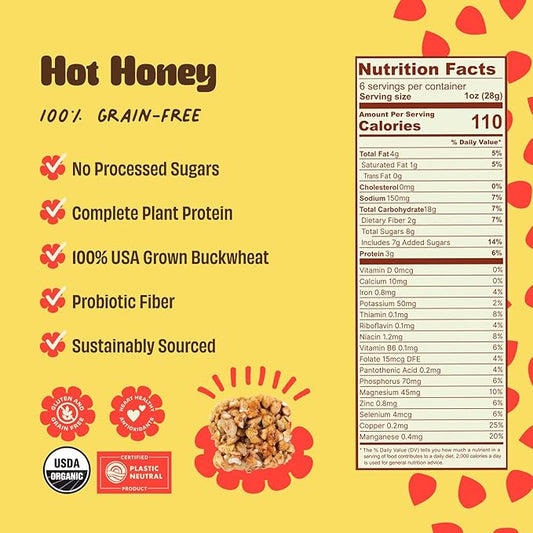 Clusterbucks Superfood Clusters – Grain-Free, Keto-Friendly Snack Bites with Regeneratively Grown Sprouted Buckwheat– Gluten-Free, Low-Carb, Organic Healthy Snack (3-Pack, Hot Honey)