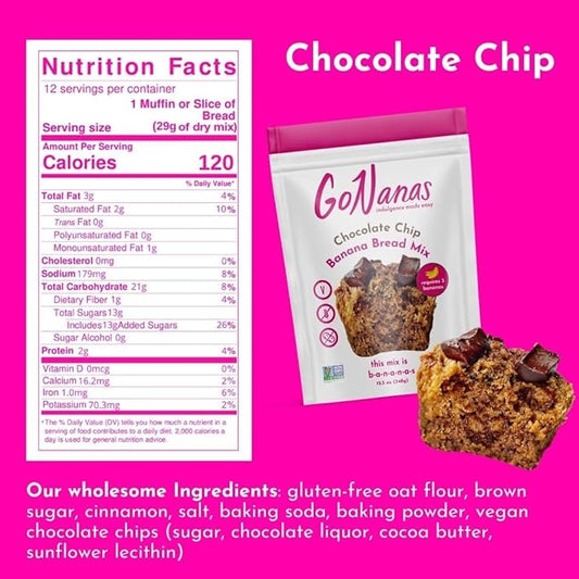 GoNanas Chocolate Chip Oat Flour Banana Bread Mix, Suitable for Plant Based Vegan Diets, Gluten Free Dairy Free Snacks, Healthy Snacks For Adults, Muffin Mix, Nut Free, Cupcakes Dessert, NON-GMO, 2pk