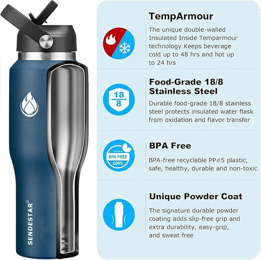 SENDESTAR 40oz Stainless Steel Water Bottle(Cold for 48 Hrs, Hot for 24 Hrs),Double Wall Vacuum Insulated Bottle with Straw Lid, Spout Lid and Flex Cap, Fit in Any Car Cup Holder,Navy