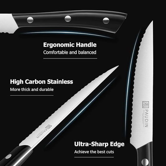 PAUDIN Steak Knives, Steak Knife Set of 8, Razor-Sharp Kitchen Knife Set 4.5 inch, High Carbon Stainless Steel Serrated Steak Knives Set for Kitchen, Full Tang ABS Handle