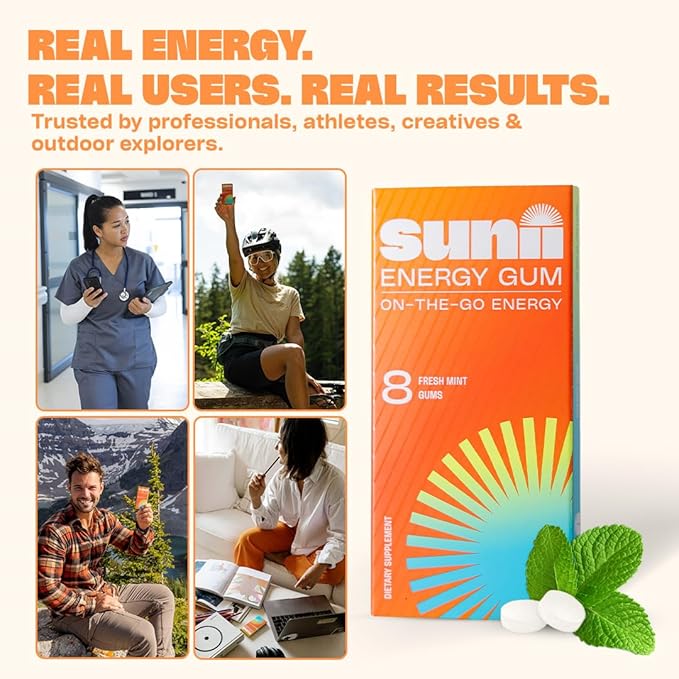 Sunii - Energy Gum - NEW Quick Boost Energy & Focus - 50mg Caffeine Gum -Vitamins B6 & B12, Taurine, Vegan, No Sugar, Zero Calorie, Fresh Mint Taste - Faster than Chews, Drinks, Gels & Pills (48pcs)