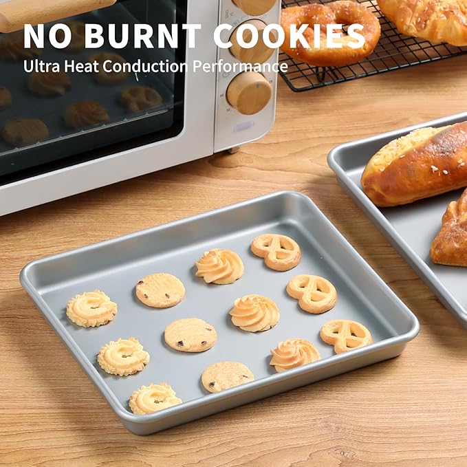 2-PACK Toaster Oven Pans for Baking,Shinsin 9X11 Non-stick Baking Trays, 57% Thicker Cookie Sheet Pans Set, Dishwasher Safe and Heavy Duty Small Replacement Trays for Toaster Cven (Silver)