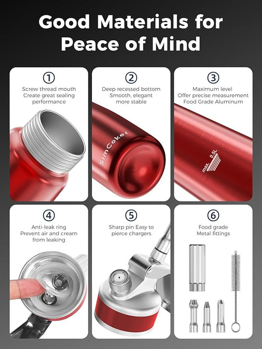 Whipped Cream Dispenser,Aluminum Cream Whipper 500mL/1 Pint,3 Decorating Nozzles,1 Brush, 1 Storage Bag,Homemade Whipped Cream Maker,Red