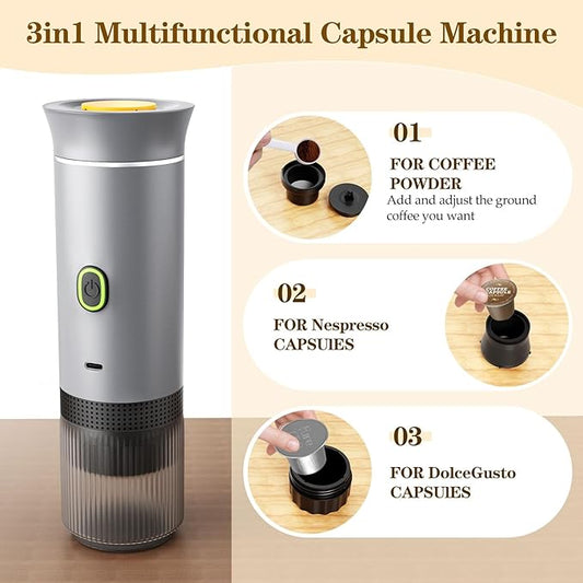 3-in-1 Portable Espresso Maker, Travel Coffee Maker, Self-Heating Car Coffee Maker with USB-C, Small Espresso Machine with Ground Coffee & Capsules (NS&DG) for RV, Hiking, Office (silver)