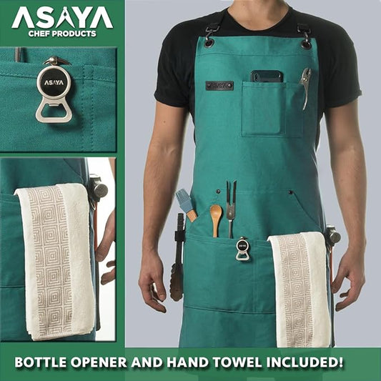 Asaya Chef and BBQ Apron with Bottle Opener and Hand Towel - 10oz Cotton Canvas, Stainless Steel Hardware - Cross Back Straps