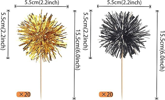 40 PCS Foil Firework Cupcake Toppers Sparkle Tinsel Cupcake Picks Fireworks Birthday Party Decorations Cocktail Fruit Toothpick for Birthday Wedding Graduation Party Decorations Supplies Black Gold