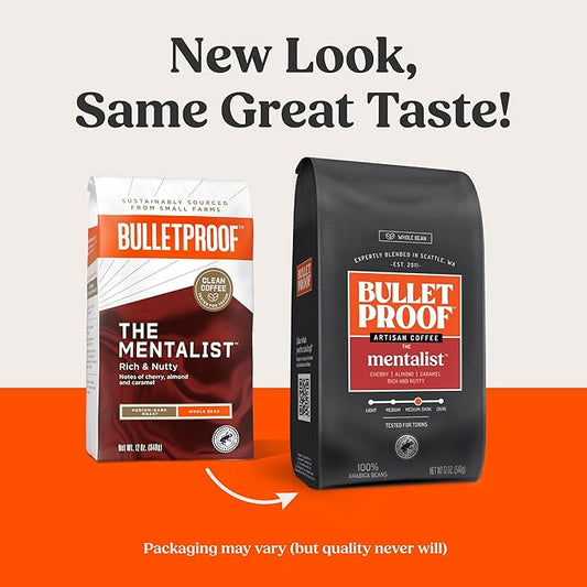 Bulletproof The Mentalist Medium-Dark Roast Whole Bean Coffee, 12 Ounces, Clean Coffee Tested for Toxins, Packaging May Vary