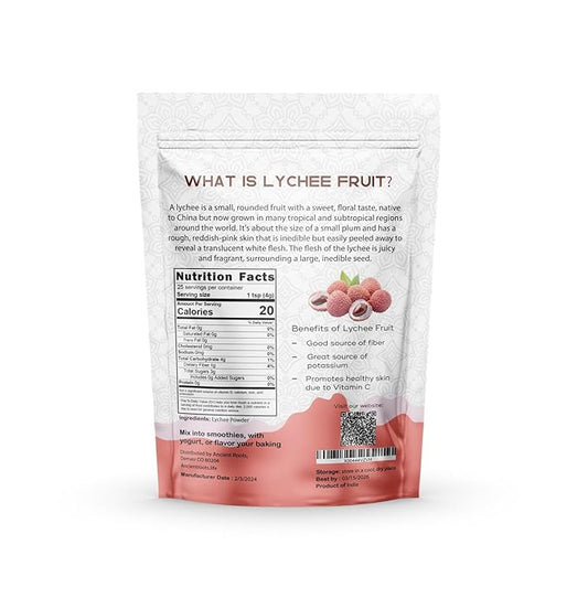 Ancient Roots Freeze-Dried Lychee Fruit Powder – 100% Organic, All-Natural Food Coloring, Rich in Antioxidants, No Added Sugar or Preservatives, 25 Servings (3.5 oz)