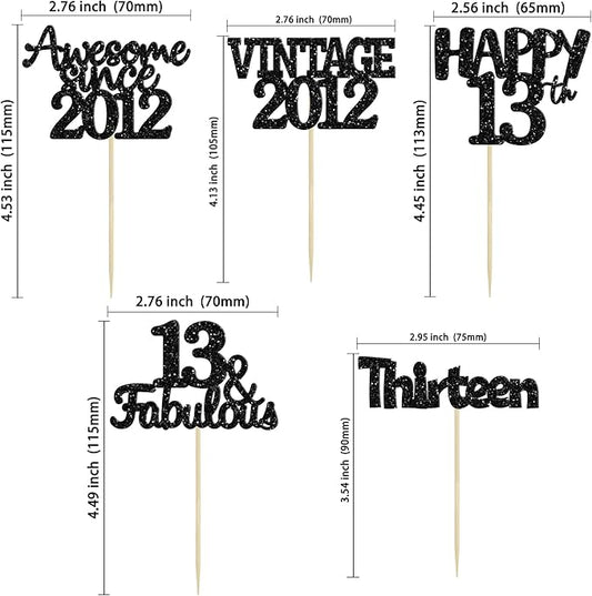 Gyufise 30Pcs Vintage 2012 Cupcake Toppers Glitter Thirteen Happy 13th Cupcake Picks Happy 13th Birthday Cake Decorations for Happy 13th Birthday Anniversary Party Supplies Black