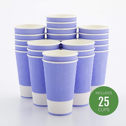 Restaurantware 16 Ounce Paper Cups Pack of 25 Ripple Wall Disposable Cups – Leakproof, Recyclable, Light Purple Insulated Hot Beverage Holders with Matching Lids Available for Purchase Separately