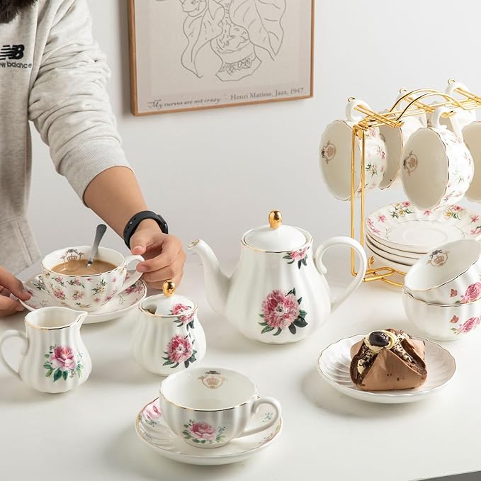 Porcelain Tea Sets British Royal Series, 8 OZ Cups & Saucer Service for 6, with Teapot Sugar Bowl Cream Pitcher Teaspoons and Tea Strainer, Suitable for High Tea, Wedding, Party(Spring Flowers)