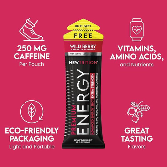 NewTrition® Extra Strength Energy Shots, 250mg Caffeine Energy Shots with Vitamin B & Amino Acids, Sugar-Free Vitamin Energy Shot, 1.7 fl oz (Pack of 6, Wild Berry)