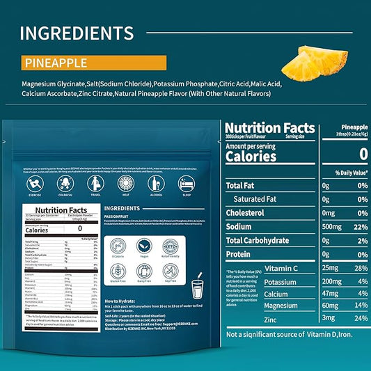 Electrolytes Powder Packets, Hydration Packets Sugar Free, Electrolyte Drink Mix Portable Electrolyte Packets for Rapid Hydration, Pineapple Flavor, 30 Sticks