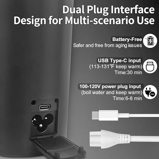 Travel Mini Kettle Portable Small Electric Kettle with Plug-in Boiling & Keeps Warm via USB, Portable Water Boiler with 4 Temperature Settings, 304 Stainless Steel with Auto Shut-off 16oz(Black)