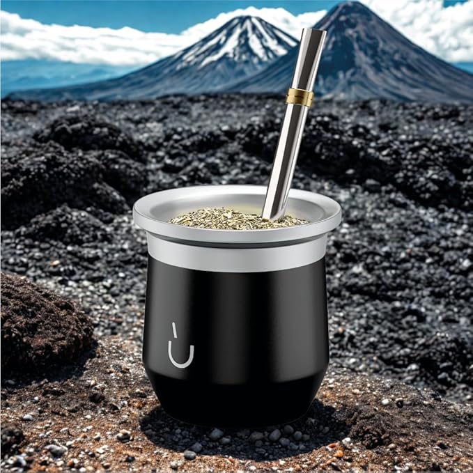 BALIBETOV Yerba Mate Cup β Vacuum Insulated Stainless Steel Gourd with Silicone Cover & Non-Slip Base β Includes 2 Bombillas & Cleaning Brush β Unique Design, Easy to Clean