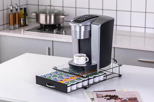 ZCDCP K Cup Holder Drawer, Coffee Pod Holder for K Cup Orgainzer with Termpered Glass Top, Keurig Coffee Pods Holder Capsule with 35 Pods, Black