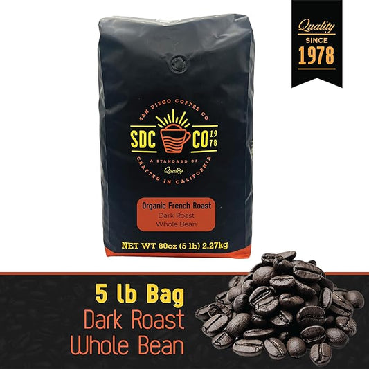 San Diego Coffee Organic French Roast, Dark Roast, Whole Bean Coffee, 5-Pound Bag Café en grano tostado