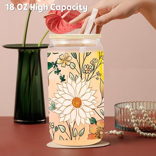 Daisy Flowers Iced Coffee Glass Cup, Drinking Glass Cups Lids Straws, Cute Tumbler Cup, Personalized for Women, Thank You Gifts for Teacher, Thanksgiving, Birthday Gifts for Women Her