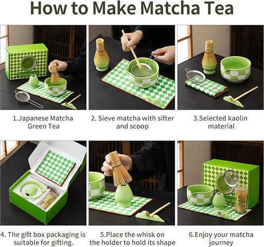 7pcs Traditional Matcha Tea Ceremony Set, green Ceramic Bowl with Bamboo Whisk, Holder and Strainer (Green grid) Elegant Matcha Set for Gifting and Personal Use, Gift Box Packaging
