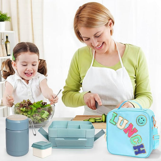 Kids Lunch Bag with 10oz Thermos, with 6 Compartment Bento Box, Blue Nylon Insulated Preppy Lunch Box Adjustable Strap Birthday Gift for Girl Kids Teens Picnic School Travel
