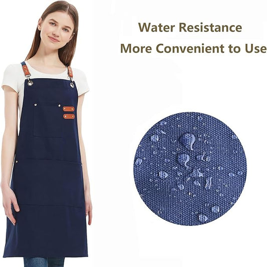 AFUN Chef Aprons for Women Men with Large Pockets, Cotton Canvas Cross Back Water Repellent Work Apron, Size M to XXL (Darkblue)