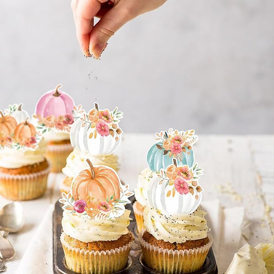42Pcs Edible Pumpkin Cupcake Toppers Autumn Thanksgiving Theme Party Wafer Paper Flowers Pumpkin Cupcake Toppers Baby Gender Reveal Party Supplies