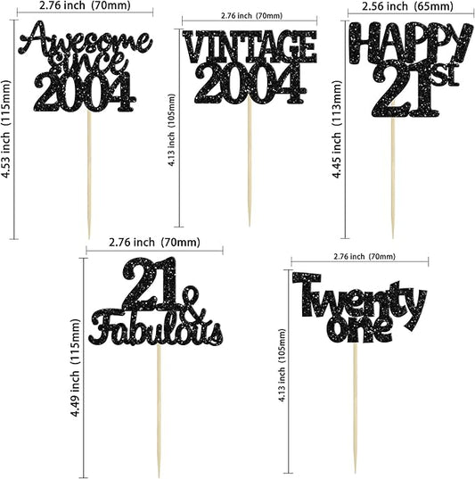 Gyufise 30pcs Vintage 2004 Cupcake Toppers Glitter Twenty-One Happy 21st Cupcake Picks Fabulous Anniversary Party Supplies Black