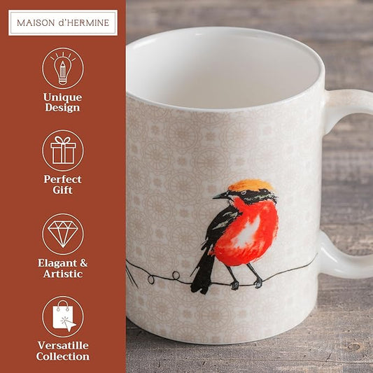 Maison d' Hermine Coffee Mug with Handles Fine Bone China Mugs Pack of One Tea Cups for Hot Beverages Cappuccino Latte Home Restaurant Office Perfect for Gift (Birdies On Wire - Nuthatch, 12 Ounce)