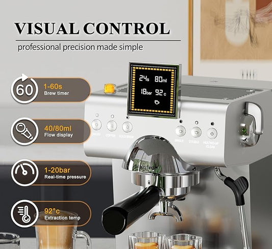 Espresso Machine 20 Bar with Steam Milk Frother, Stainless Steel Espresso maker with LED Display | Cold Brew & Hot Coffee Maker, Professional Cappuccino Expresso Machine for Home and Office