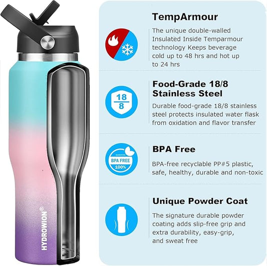 40 oz Insulated Water Bottle with Straw fit in Car Cup Holder(Cold 48 hrs, Hot 24 hrs) Drinking Bottle with Straw Lid, Spout Lid and Flex Cap Leakproof Travel Thermo Mug,Mint - Pink - Purple