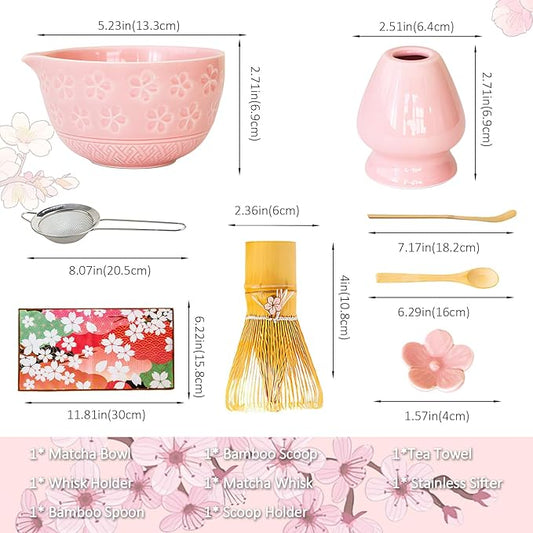 8 Pcs Matcha Whisk Set: Pink Matcha Tea Set Includes Ceramic Bowl, Whisk and Holder, Bamboo Scoop, Scoop Rest, Sifter and Tea Towel - Matcha Making Kit for Matcha Lovers