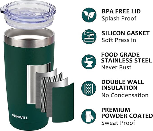 SUNWILL Travel Coffee Mug with Lid, 20 oz Tumbler Set of 2, Insulated Stainless Steel Cup for Drinks, Water, Tea, Powder Coated Forest Green & Plum