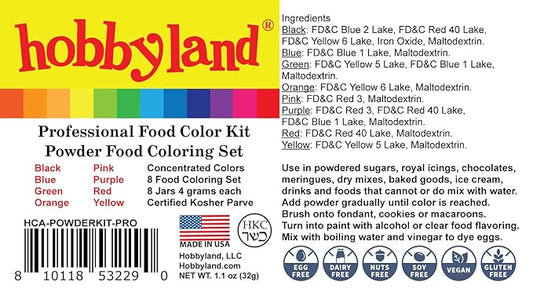 Hobbyland Powder Food Color Kit, Professional Powder Food Coloring Set, 8 Colors, 4 Gram Jars