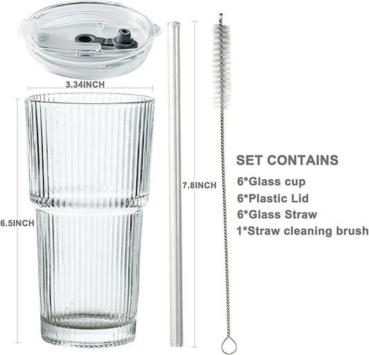 20oz Ribbed Drinking Glasses with Lids and Glass Straws-Thickened Glass cup -Vintage glass straw cups- Ideal for Iced Coffees, Cocktails, Juices, Family Use and Parties (6)