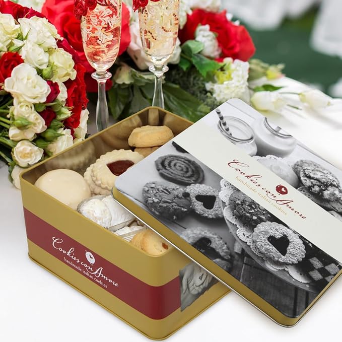 Assorted Italian Cookies Gift Box, 30+ Pieces Individually Wrapped Traditional Gourmet Cookies - 2Lb Square Tin with Authentic Premium Pastries for Holiday Gifting, Coffee Pairing, and Christmas Celebrations
