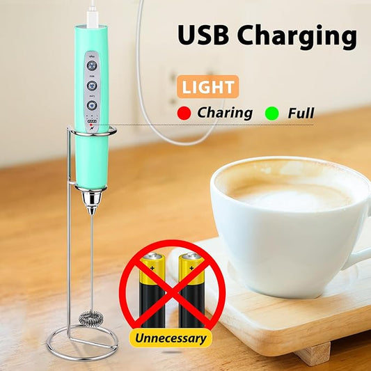 Milk Frother with Stand Rechargeable- Handheld Coffee Frother with 3 Stainless Whisks 3 Speed Adjustable, Electric Whisk Drink Mixer, Foam Maker Blender for Matcha Latte Cappuccino Chocolate