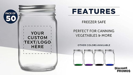 DISCOUNT PROMOS 50 Decorating Mason Jars Set, 12 oz. - Customizable Text, Logo - Canning, Aluminum Lid - Clear
