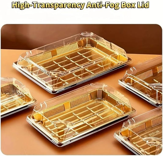 10 Pack Gold Rectangular Sushi Containers with Clear Lids – Disposable Plastic Food Boxes for Party, Takeout & Catering – Elegant, Stackable Trays for Sushi, Snacks & Desserts(Model No.1105)